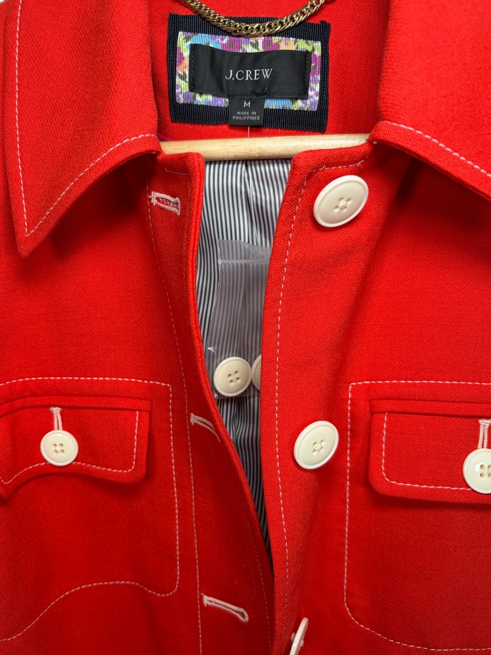 J. Crew contrast stitch Red Coat with Black-and-White Striped Lining - Picture 3 of 6
